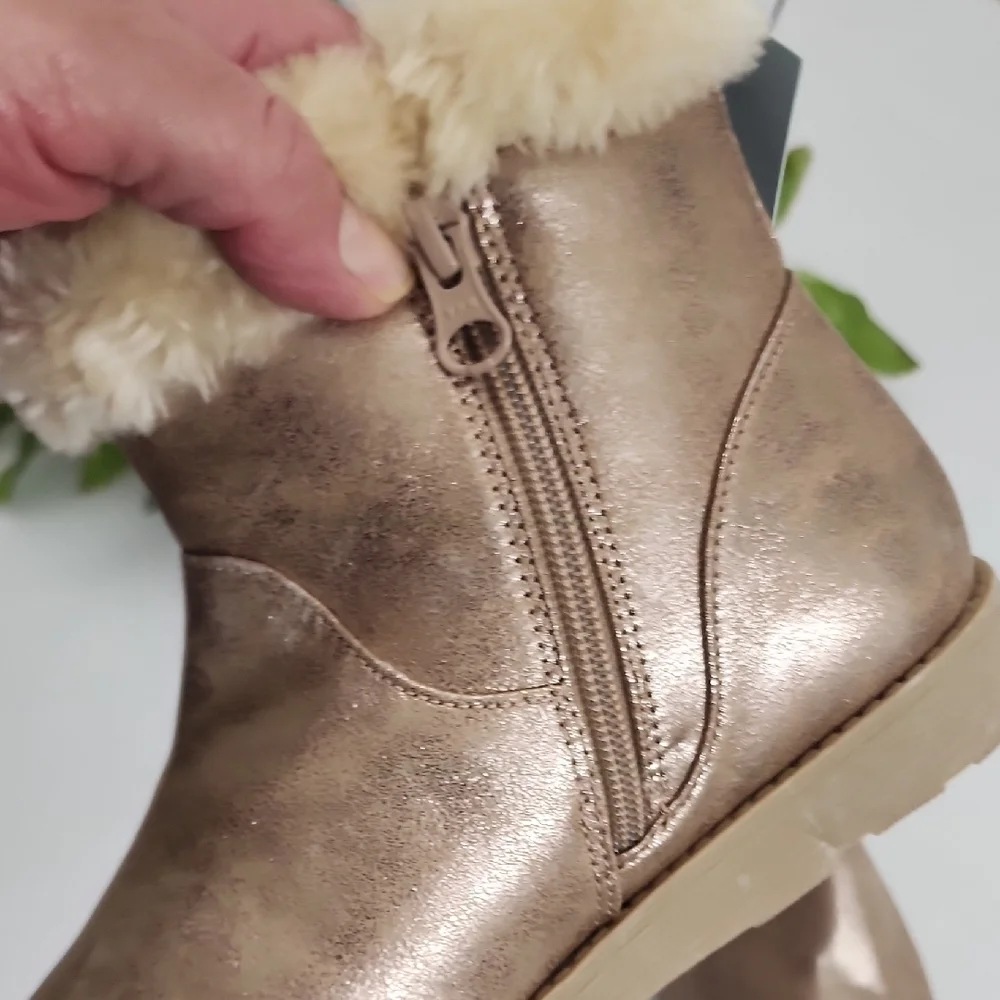 Women's Metallic Tan Faux-Fur Ankle Boots